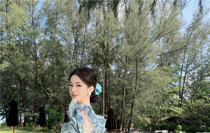 Puff-Sleeve Off-Shoulder Floral Print Ruffle Trim Slit Maxi A-Line Dress