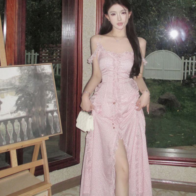 V-Neck Cold Shoulder Dotted Ruffle Trim Tie Front Slit Maxi A-Line Dress