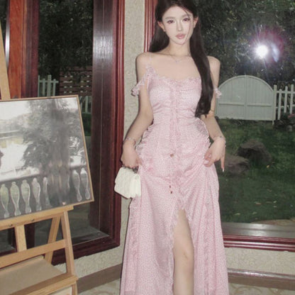 V-Neck Cold Shoulder Dotted Ruffle Trim Tie Front Slit Maxi A-Line Dress