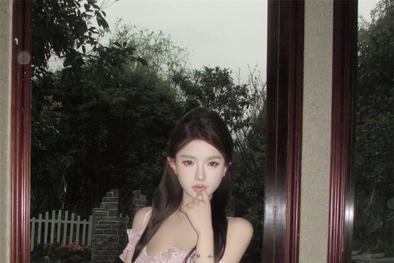 V-Neck Cold Shoulder Dotted Ruffle Trim Tie Front Slit Maxi A-Line Dress