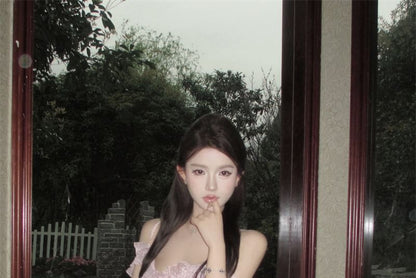 V-Neck Cold Shoulder Dotted Ruffle Trim Tie Front Slit Maxi A-Line Dress