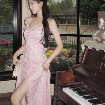 V-Neck Cold Shoulder Dotted Ruffle Trim Tie Front Slit Maxi A-Line Dress