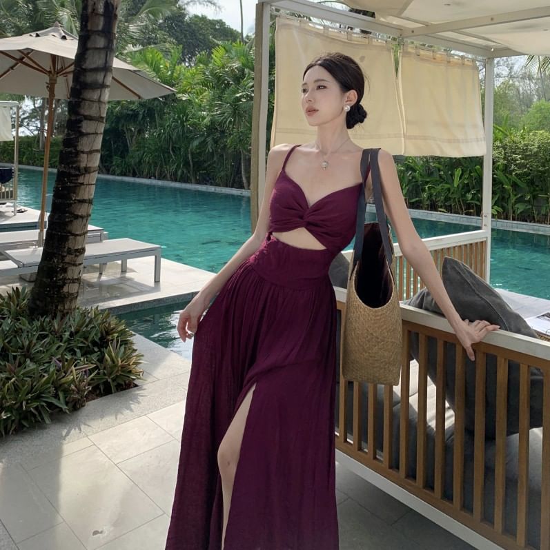 Spaghetti Strap V-Neck Plain Knot Cutout Slit Maxi A-Line Dress