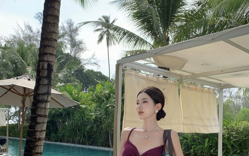 Spaghetti Strap V-Neck Plain Knot Cutout Slit Maxi A-Line Dress