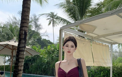 Spaghetti Strap V-Neck Plain Knot Cutout Slit Maxi A-Line Dress