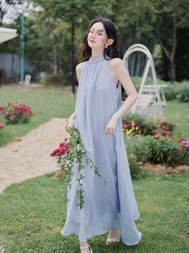 Halter Plain Maxi Sundress / Belt / Cardigan / Set