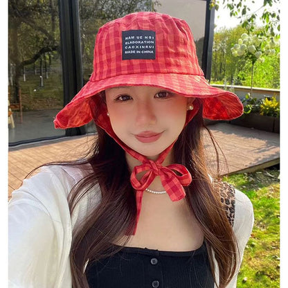 Hat Plaid Lettering Applique Bucket