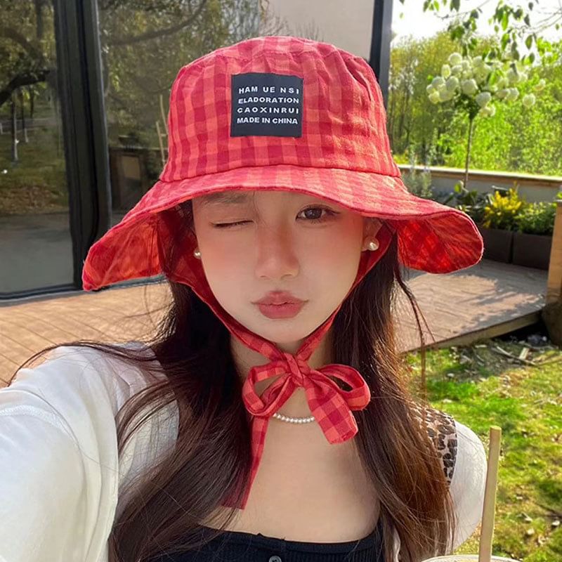 Hat Plaid Lettering Applique Bucket