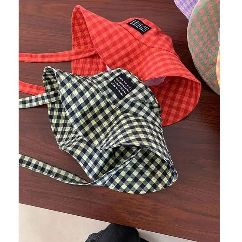 Hat Plaid Lettering Applique Bucket