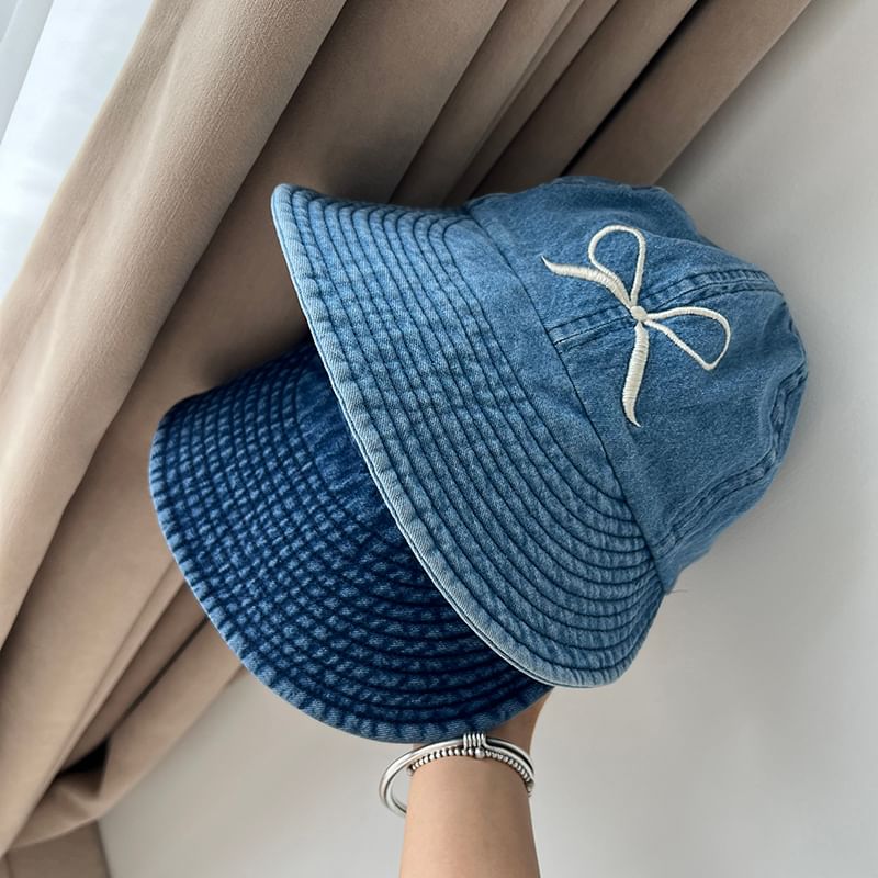 Bow Embroidered Washed Denim Wide Brim Cap