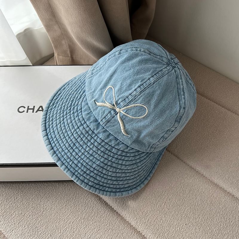 Bow Embroidered Washed Denim Wide Brim Cap