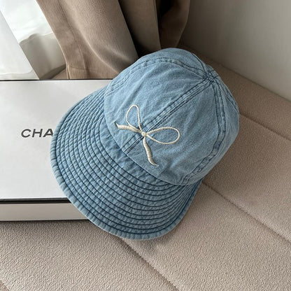 Bow Embroidered Washed Denim Wide Brim Cap