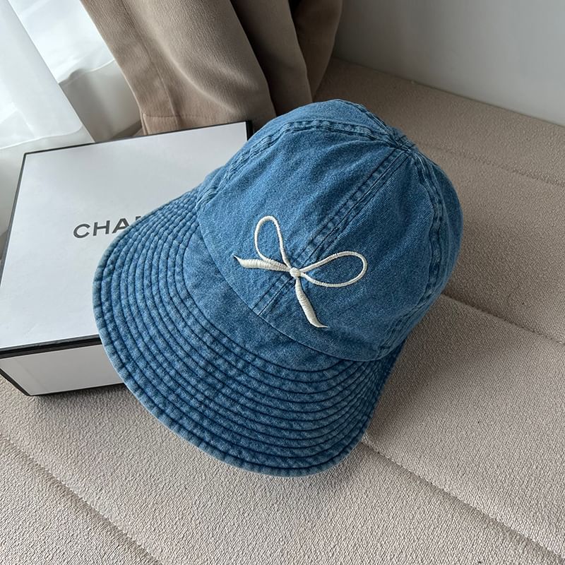 Bow Embroidered Washed Denim Wide Brim Cap
