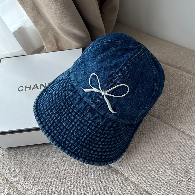 Bow Embroidered Washed Denim Wide Brim Cap