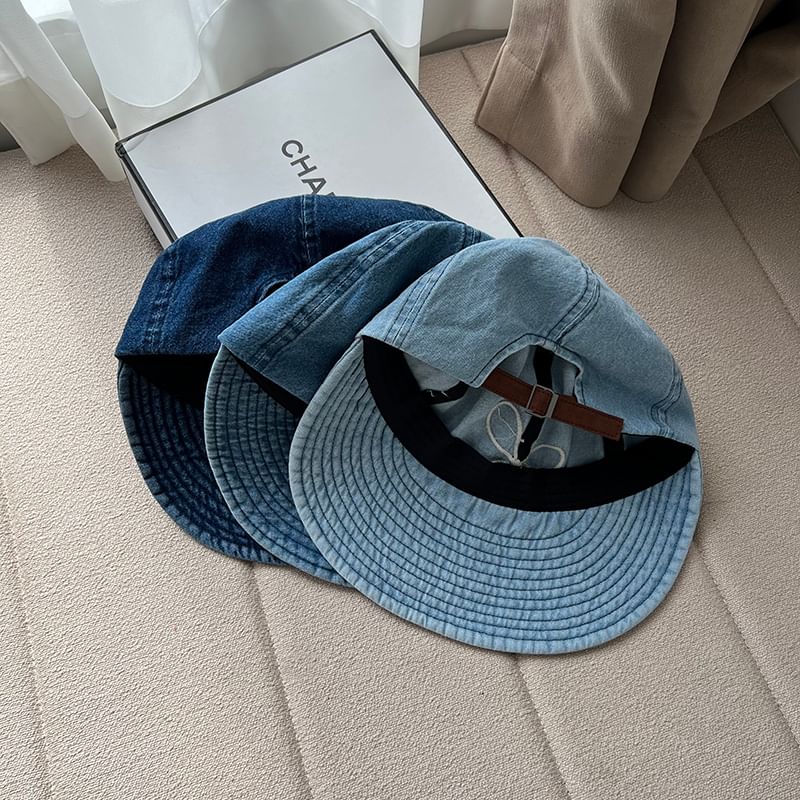 Bow Embroidered Washed Denim Wide Brim Cap