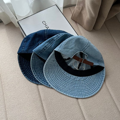 Bow Embroidered Washed Denim Wide Brim Cap