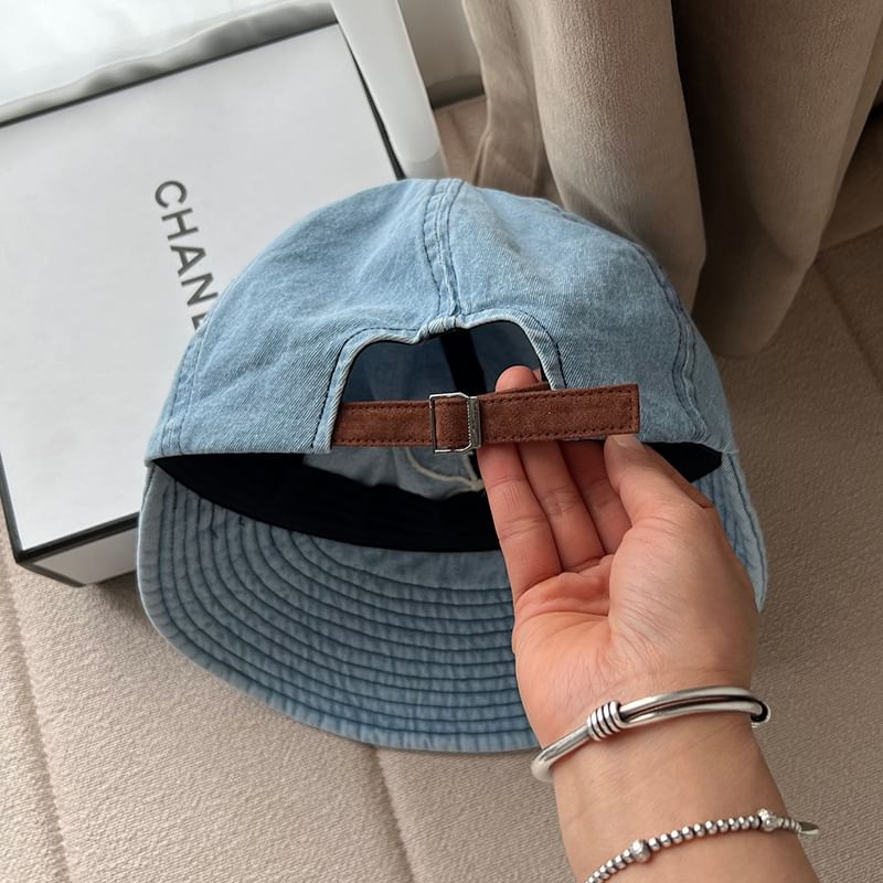 Bow Embroidered Washed Denim Wide Brim Cap