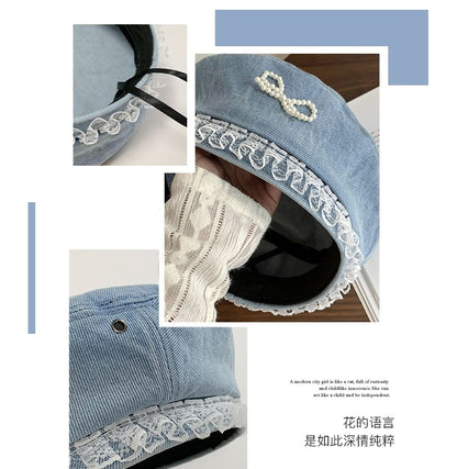 Faux Pearl Bow Lace Trim Denim Beret