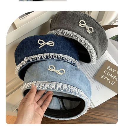 Faux Pearl Bow Lace Trim Denim Beret