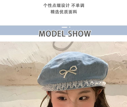 Faux Pearl Bow Lace Trim Denim Beret