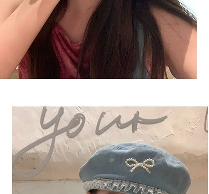 Faux Pearl Bow Lace Trim Denim Beret