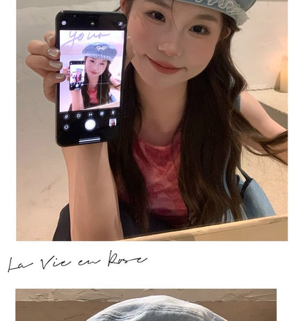 Faux Pearl Bow Lace Trim Denim Beret