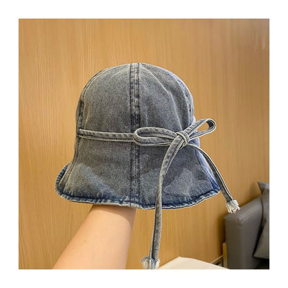 Bow Washed Denim Cloche Hat