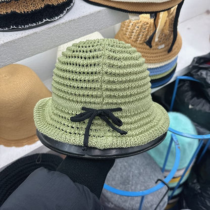Bow Perforated Knit Bucket Hat