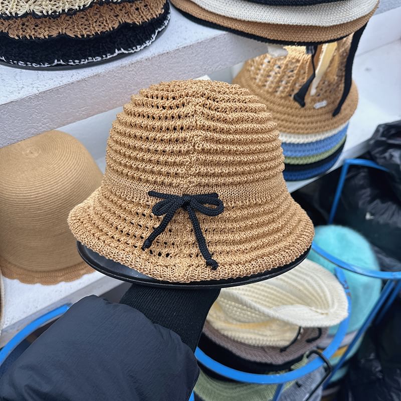 Bow Perforated Knit Bucket Hat