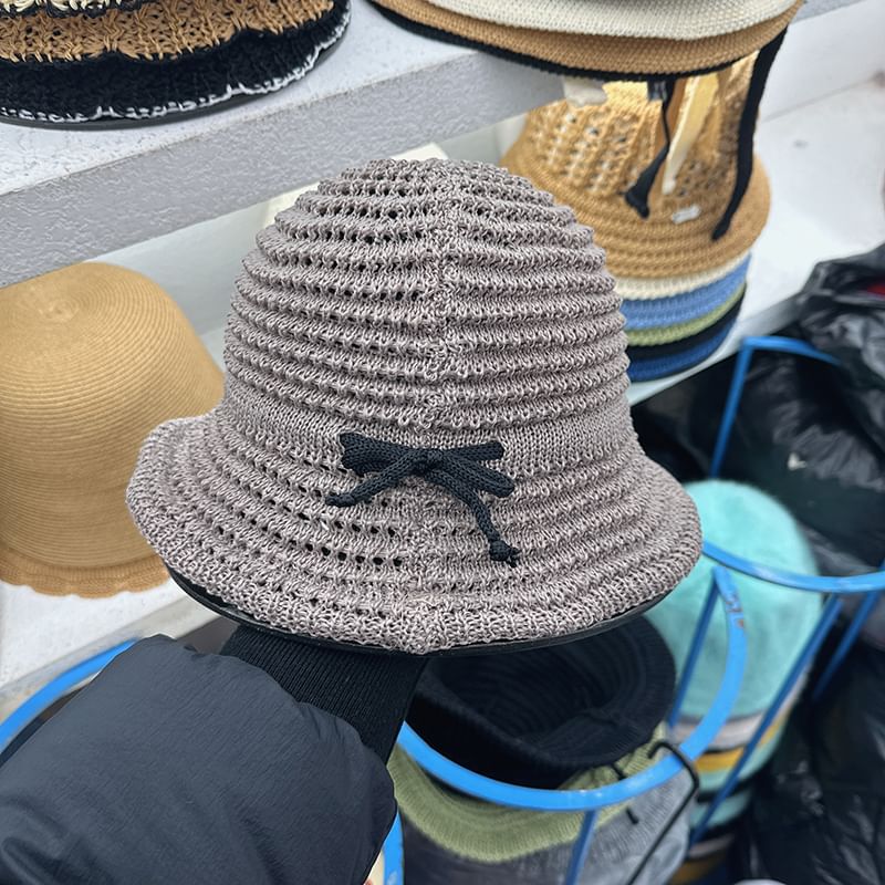 Bow Perforated Knit Bucket Hat