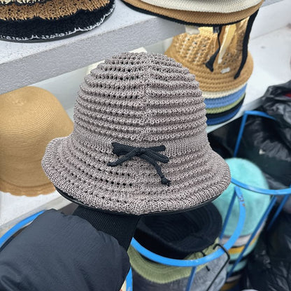 Bow Perforated Knit Bucket Hat