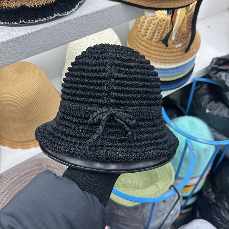 Bow Perforated Knit Bucket Hat