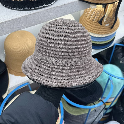 Bow Perforated Knit Bucket Hat