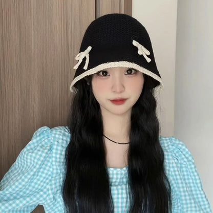 Bow Contrast Trim Knit Cloche Hat