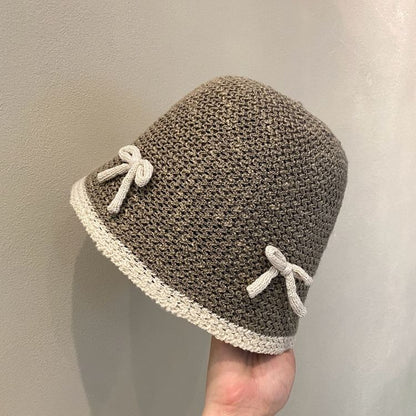 Bow Contrast Trim Knit Cloche Hat