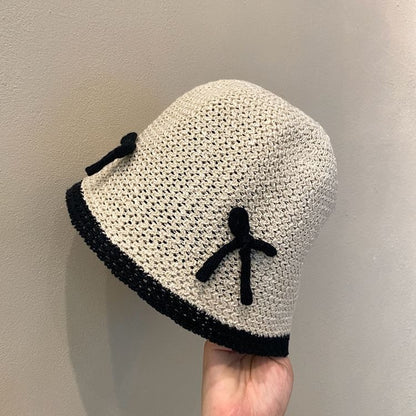 Bow Contrast Trim Knit Cloche Hat