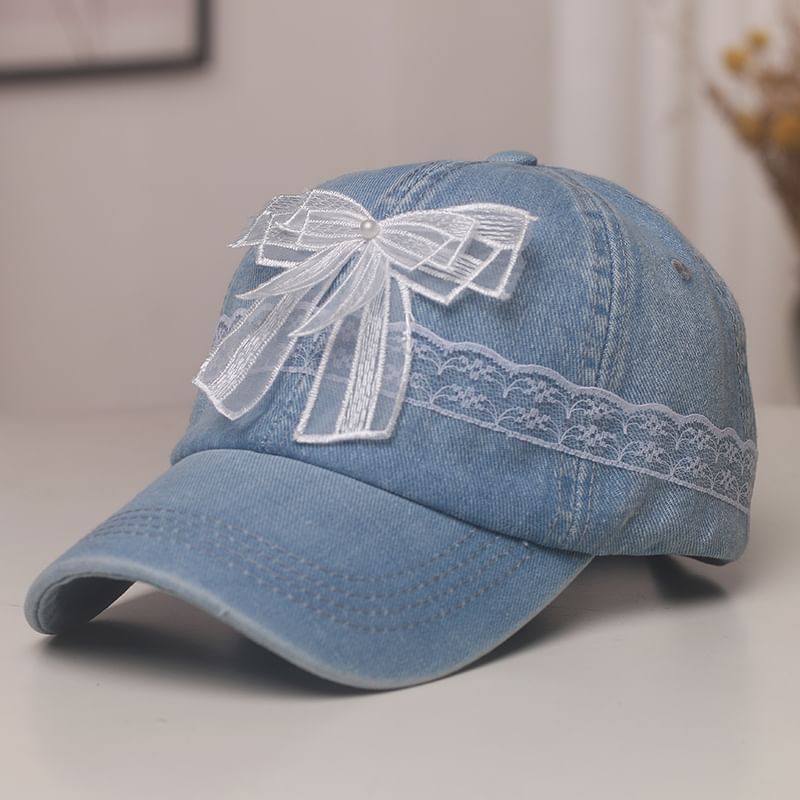 Faux Pearl Bow Lace Trim Denim Baseball Cap