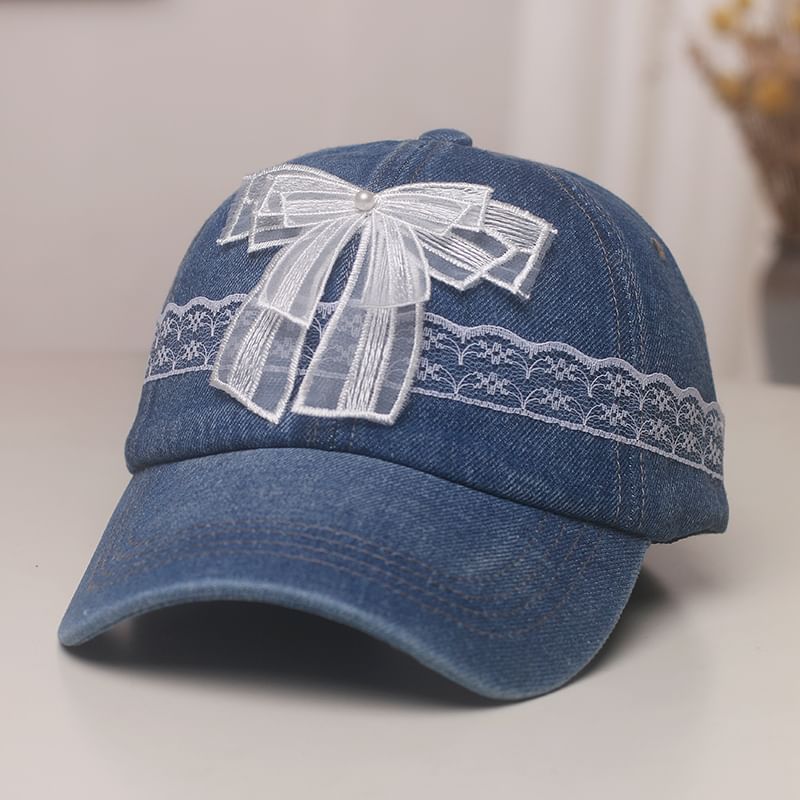 Faux Pearl Bow Lace Trim Denim Baseball Cap