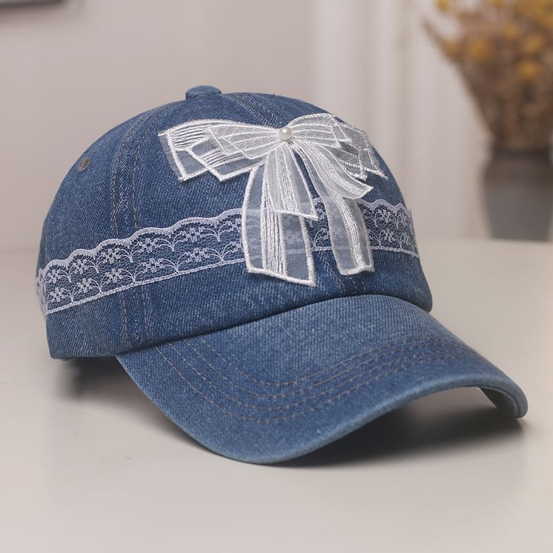 Faux Pearl Bow Lace Trim Denim Baseball Cap