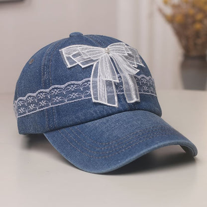 Faux Pearl Bow Lace Trim Denim Baseball Cap