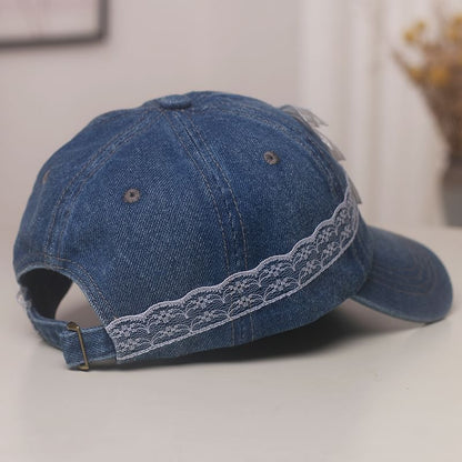 Faux Pearl Bow Lace Trim Denim Baseball Cap
