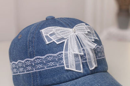 Faux Pearl Bow Lace Trim Denim Baseball Cap