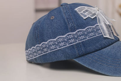 Faux Pearl Bow Lace Trim Denim Baseball Cap