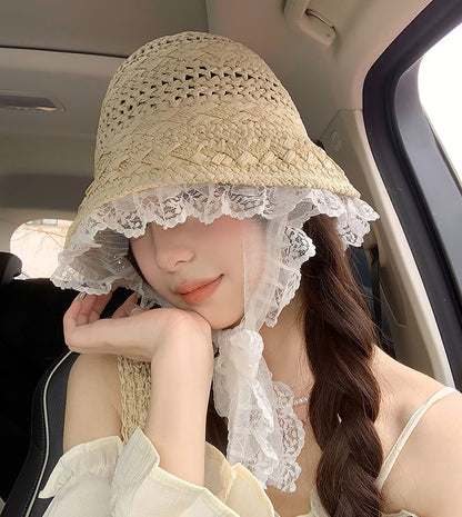 Lace Trim Straw Bucket Hat