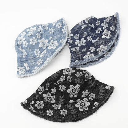 Floral Print Washed Frayed Denim Bucket Hat