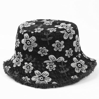Floral Print Washed Frayed Denim Bucket Hat