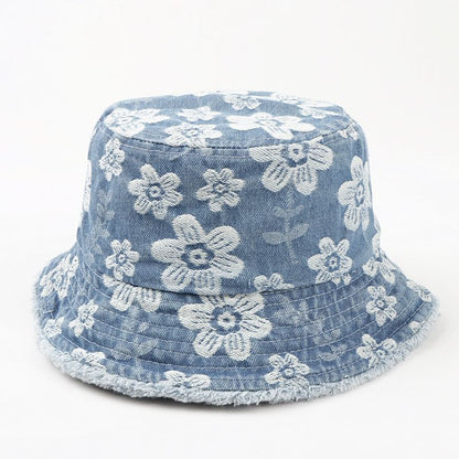 Floral Print Washed Frayed Denim Bucket Hat