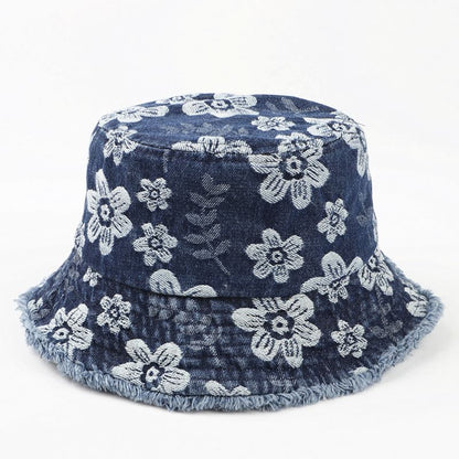 Floral Print Washed Frayed Denim Bucket Hat