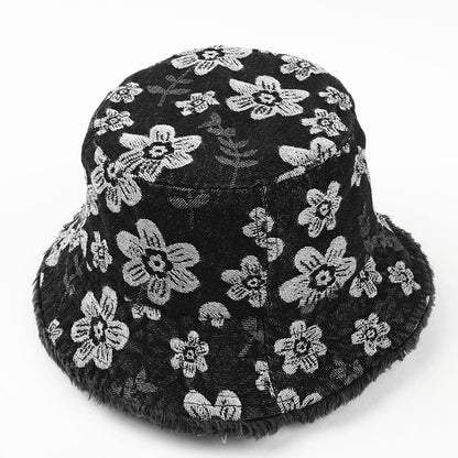 Floral Print Washed Frayed Denim Bucket Hat