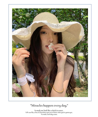 Lace Panel Straw Sun Hat